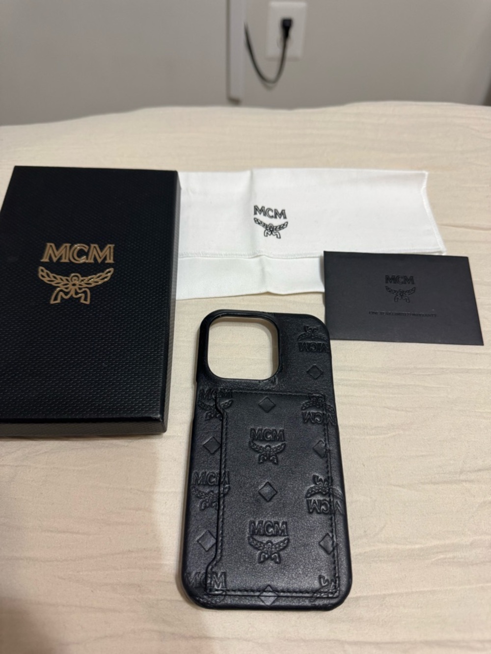 MCM Black Embossed Leather Card iPhone 14 Pro Case
